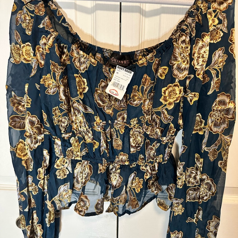 Shyanne Floral Off-Shoulder Blouse - Navy and Gold